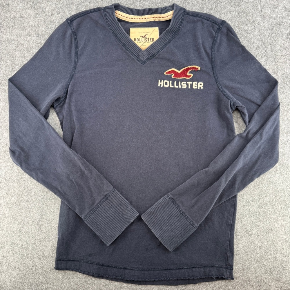Y2K Hollister Long Sleeve Shirt Mens Small Navy Blue V-Neck Chenille Logo EUC